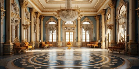 A classic extravagant European style palace room with gold decorations. wide format