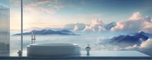 A Dreamy Landscape Of An Indoor Bathroom With A Wall Of Sky And Clouds Framing The Breathtaking View Of The Ocean And Mountains From The Bathtub