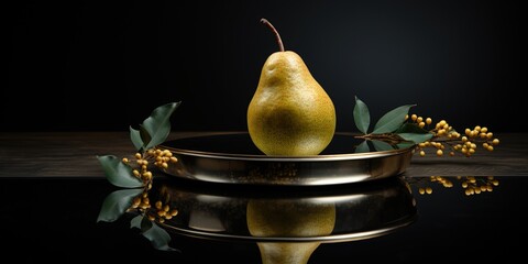 Wall Mural - A striking image of a ripe pear artfully reflected in a round mirror, presented on a dark reflective table