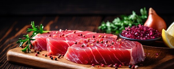 Close up of Fresh raw Tuna fillet steak and sashimi on wooden board background, delicious food for dinner, healthy food, ingredients for cooking.