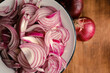 Top view. Bowl of sliced organic red onions on wooden background