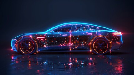 Aufkleber - Future autonomous vehicle with touch sensors for safe driving. Holographic silhouette of a transport vehicle in a futuristic style.