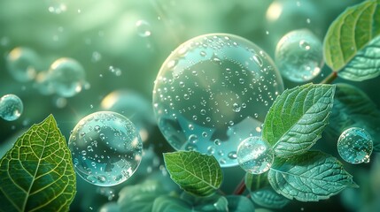 Fototapete - Bubble force field for fresheners, cleaners, giving menthol flavor. Light effect air flow fresh and mint bubbles. Shield dome with menthol leaf bubbles. Modern illustration.