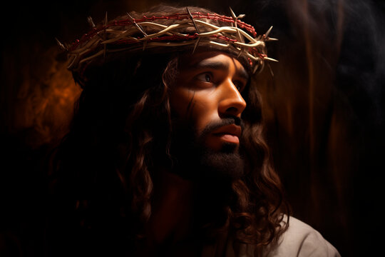 ortrait of black Jesus Christ with crown of thorns on his head