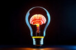 The Brain, glowing in light bulb on dark background.	