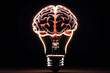 The Brain, glowing in light bulb on dark background.	