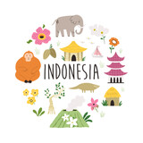 Fototapeta Big Ben - Colorful circle design with symbols, animals landmarks of Indonesia