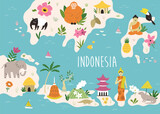 Fototapeta Big Ben - Colorful illustrated cartoon map of Indonesia with animals, famous places, symbols