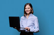 © Valerii Honcharuk - Smiling young business woman with laptop on blue background