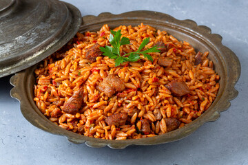 Wall Mural - Local Turkish food; Lamb on barley noodle. Turkish name; Ankara Tava