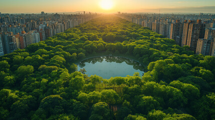 Wall Mural - Symmetrical city architecture development scenic aerial view, picturesque beautiful harmony perspective of a green idyllic town