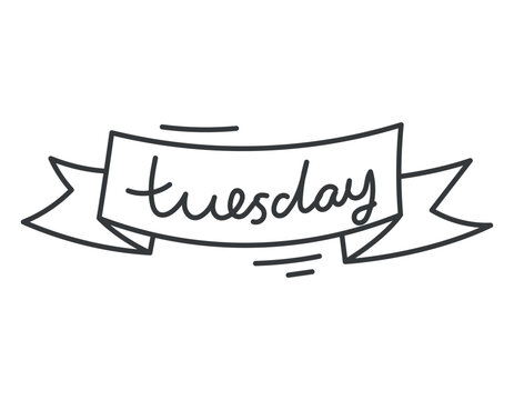 Vector doodle isolated line symbol with hand lettering, word Tuesday.
