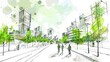 © TensorSpark - An artistic sketch depicting a bustling urban street scene focused on sustainable development, featuring pedestrians and cyclists coexisting in a green environment with eco-friendly infrastructure.