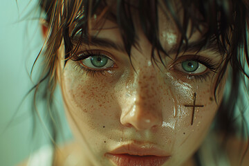 Wall Mural - Close-up of a person with striking blue eyes and freckles, wet hair, and a small cross mark under one eye.