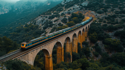  A train on a mountain bridge with a beautiful sunset landscape, scenic aerial view