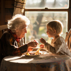 Old Grandmother and granddaughter baby together taking care and enjoying lunch at home in window light. Concept of family and different ages people in indoor leisure activity. Healthy lifestyle lady