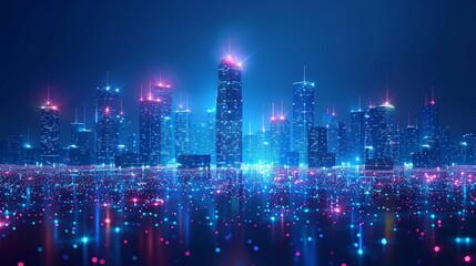 Poster - Modern city skyline with network wireless systems and internet of things. Low poly wireframe mesh isolated on dark blue background. Particles are connected in a geometric framework.