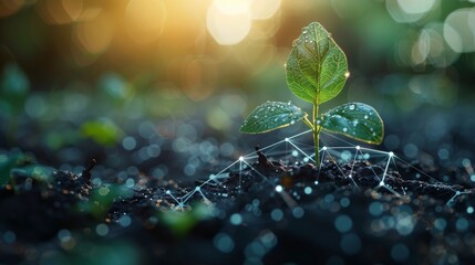 Poster - Seedling or sprout. Concept for a startup or a new life. Abstract illustration isolated on white background. Low poly wireframe. Particles are arranged geometrically.