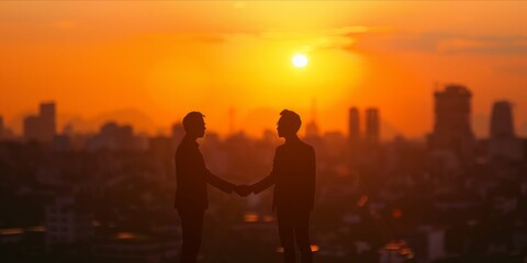 Wall Mural - Two people shaking hands with a cityscape background at sunset