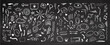 © Mariia Mazaeva - Simple sketch line style elements. Doodle cute ink pen line elements isolated on chalkboard background. Doodle arrow, heart, star, decoration symbol, white icon set. Vector illustration.