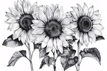 Monochrome Sketch Of Three Sunflowers