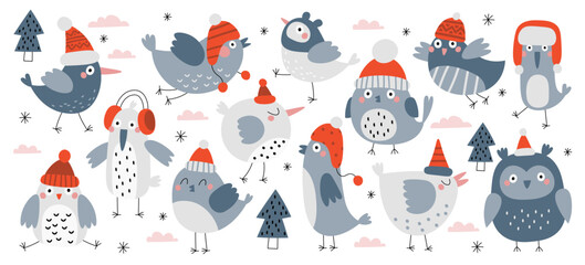 Wall Mural - Funny wild forest birds characters wearing winter hats vector illustration in Scandinavian style