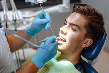Wall Mural - a dentist in blue gloves focuses on a dental procedure while the patient relaxes in the chair