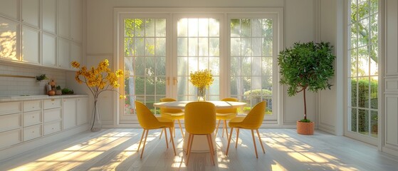 Aufkleber - 3D rendering of a minimalist kitchen. The dining table in the kitchen is round with yellow chairs. The design is emphasized.