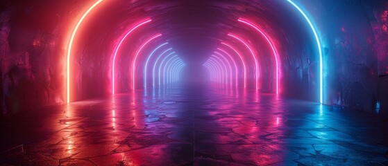 Aufkleber - 3D Futuristic Sci-Fi High-Tech Empty Space Pathways with Neon Blue and White Glowing Light Strips in Cyberpunk Colors