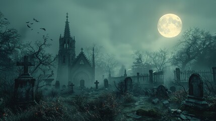 Canvas Print - Night time cemetery with bats, moon and cloudy sky - Illustration in 3D.