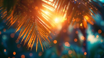 Poster - Tropical Palm Trees At Sunset With Vintage Tone And Bokeh Lights - Summer Vacation
