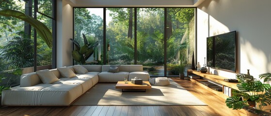 Aufkleber - An interior design featuring TV and sofa set with a tree background in a white living room in a minimal style. 3d rendering of the interior design.