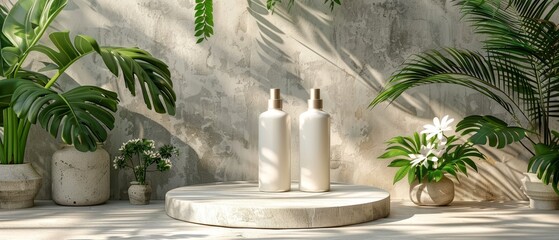 Aufkleber - Object isolate clipping path included. 3D render illustration of a cosmetic bottle podium and green leaf on gray background.