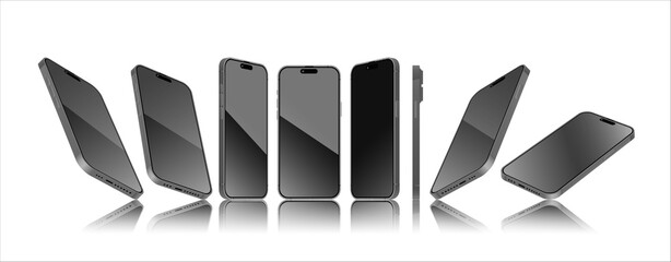 Poster - Smartphone mockup in different angles with editable Screen. 3D perspective view mobile phone mockup. Front, perspective side view template. Vector.
