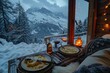 A cozy winter chalet with plates of fondue, glasses of mulled wine, and a view of snow-capped mountains. 