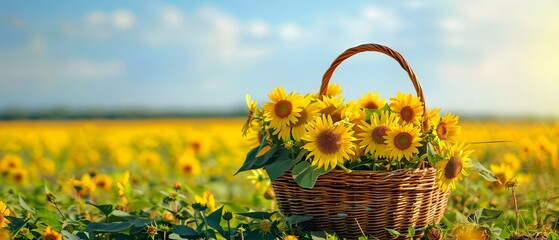 wicker basket full of beautiful yellow sunflower with leaves on sunny field background, decorative f