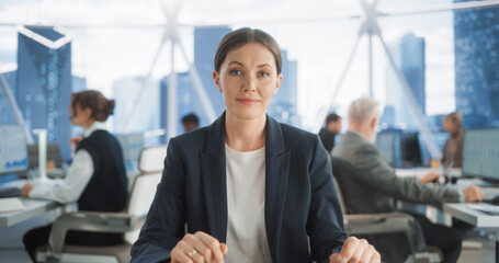 Aufkleber - Point Of View From Camera With Experienced Caucasian Businesswoman Talking with Clients on Video Call in Skyscraper Office. Management Conference Call on Laptop Computer with Partners, Colleagues.
