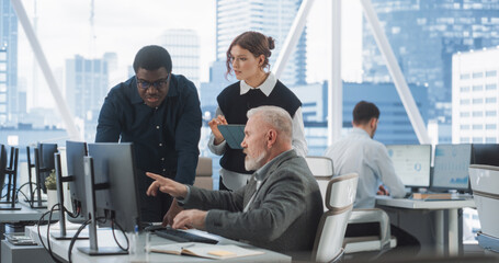 Poster - Diverse Colleagues Talking In Front Of Desktop Computer In Corporate Office With Megapolis Window View. Caucasian Male Developer Showing New Code To African CEO And His Female Assistant With Tablet.