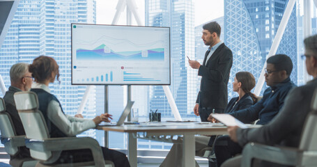 Aufkleber - Office Conference Room Meeting Presentation: Caucasian CEO Talks, Uses TV to Show Company Growth with Big Data Analysis, Graphs, Charts, Infographics. Multi-Ethnic e-Commerce Startup Workers.
