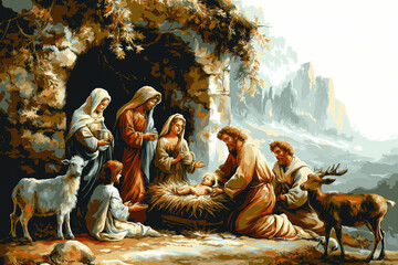 Wall Mural - Baby Jesus nativity scene cartoon illustration