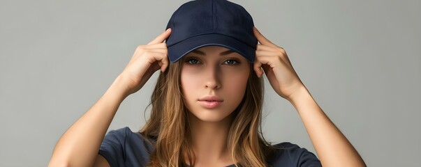 Wall Mural - Displaying a Blank Baseball Cap Mockup with a Young Woman. Concept Fashion Photography, Hat Styling, Youthful Model, Blank Apparel, Lifestyle Shot