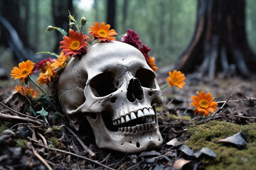 Wall Mural - Vivd flowers growing near a skull in a dark forest