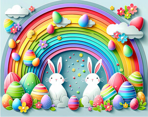 Easter bunnies joyful with the rainbow and easter eggs background in paper cut art style