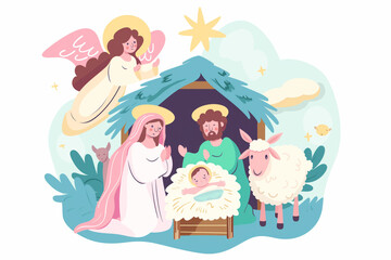 Wall Mural - Baby Jesus nativity scene cartoon illustration isolated clip art simple minimalistic