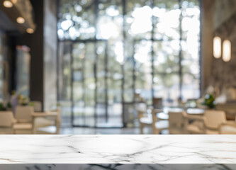 Wall Mural - Empty white marble stone table top and blurred glass window interior cafe and restaurant