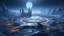 A Futuristic Spaceport With Alien Spaceships And Interior