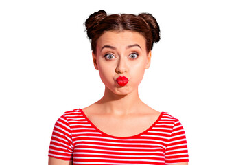 Sticker - Close up photo beautiful she her lady pretty hairdo two buns bright pomade allure tempting big lips childish playing fooling around wear casual striped red white t-shirt isolated pink background