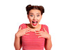 © deagreez - Close up photo beautiful she her lady pretty two buns pomade lips screaming shouting yelling loudly low prices black friday shopping wear casual striped red white t-shirt isolated pink background