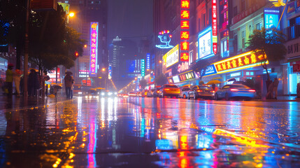 Poster - Glowing neon signs reflecting in rain-slicked streets background