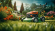 A lawn mower is being used to mow the grass.  interior